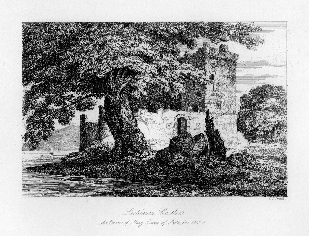 Lochlevenin linna, Skotlanti, Skotlannin kuningattaren Marian vankila, 1840 tekijältä Charles J. Smith