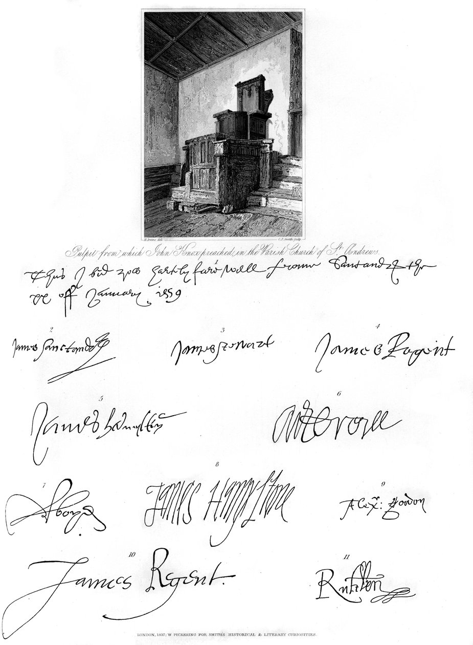 John Knoxin saarnatuoli ja useiden merkittävien henkilöiden allekirjoitukset, 1500-luku, 1840. tekijältä Charles J. Smith