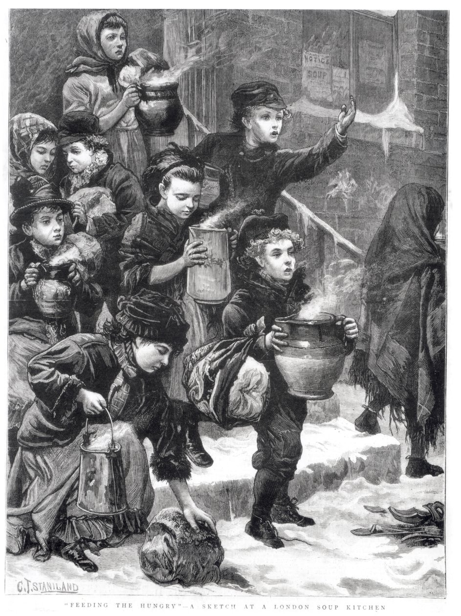 Nälkäisten ruokkiminen, Lontoon soppakeittiö, 1880 tekijältä Charles J. Staniland