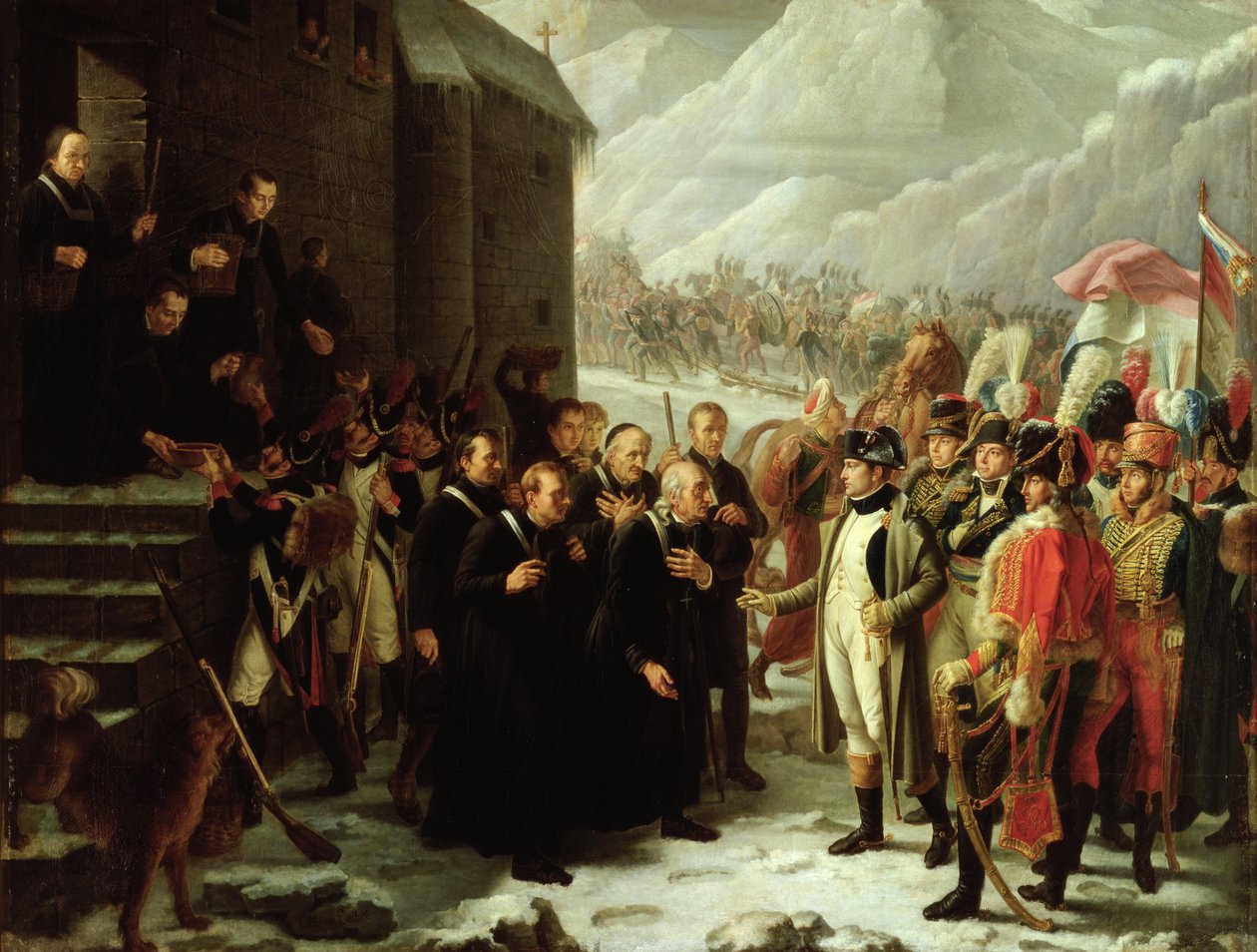Ensimmäinen konsuli vierailee Mont Saint-Bernardin sairaalassa 20. toukokuuta 1800, 1810 tekijältä Charles Jacques Lebel