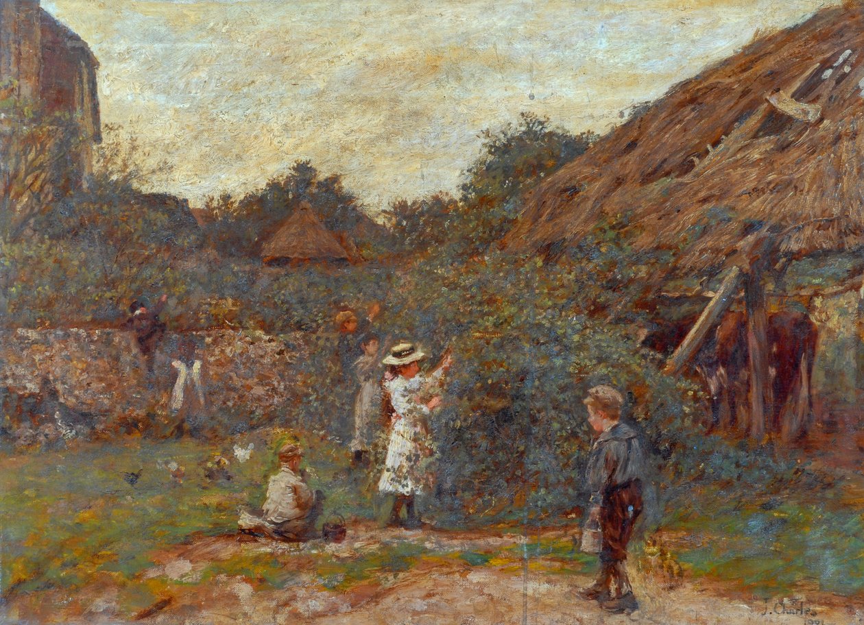 Kohtaus pihalla, jossa lapset poimivat hedelmiä, 1901 tekijältä Charles James