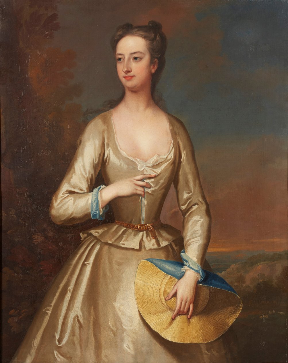 Kolmen neljäsosan pituinen muotokuva valkoihoisesta naisesta, jolla on olkihattu kädessään (öljy kankaalle). tekijältä Charles Jervas