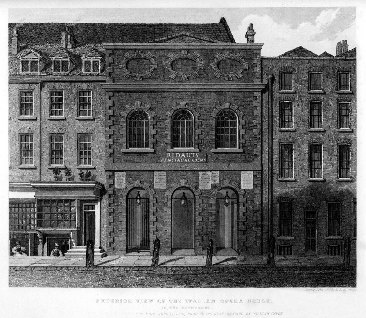 Ulkokuva Italian oopperatalosta, Haymarket, 1700-luku, 1840 tekijältä Charles John Smith