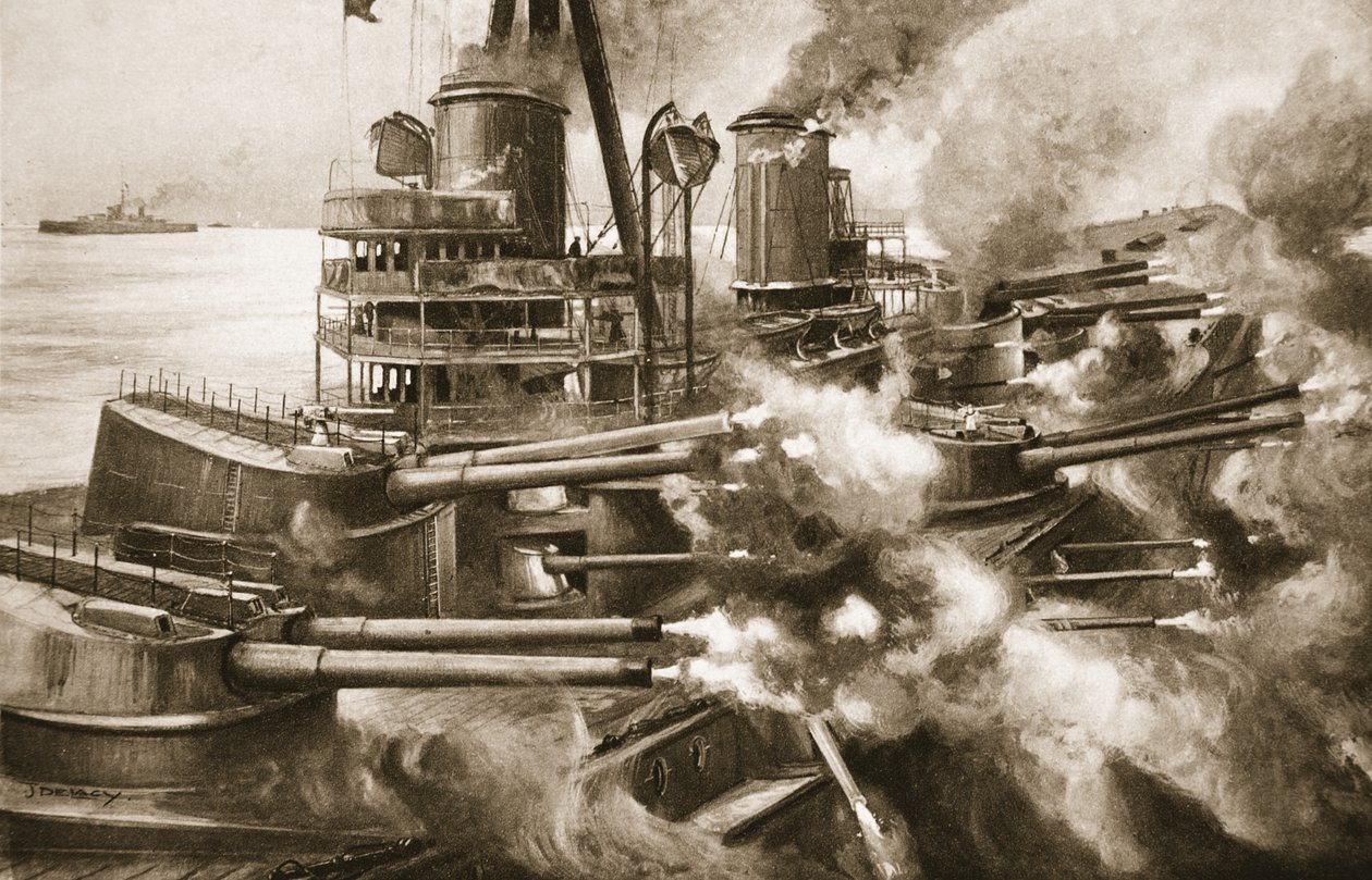 Puree kaikilla hampailla kerralla: suuren modernin taistelulaivan kyljen valtava voima, kuvasta "The Illustrated War News", 1915 tekijältä Charles John de Lacy