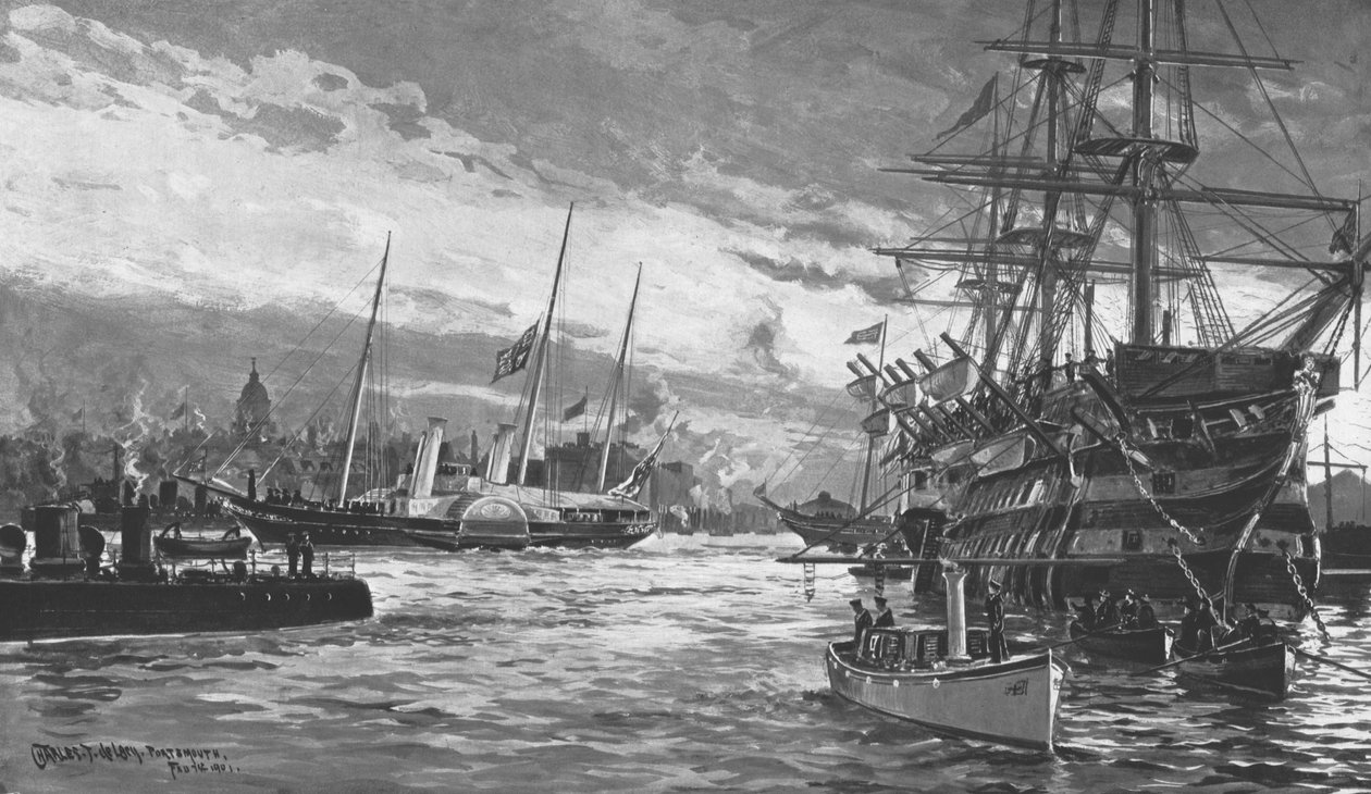 Kuningatar Victorian hautajaiset...Royal Yacht Alberta saapumassa Portsmouthin satamaan...1901. tekijältä Charles John de Lacy