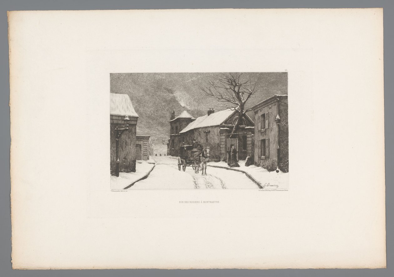 Gezicht op de Rue des Rosiers Montmartressa Rue des Rosiers Montmartressa (otsikko esineessä) France etsen uit 1875 (sarjan nimi) Etsaus vuonna 1875 (sarjan nimi) tekijältä Charles Joseph Beauverie