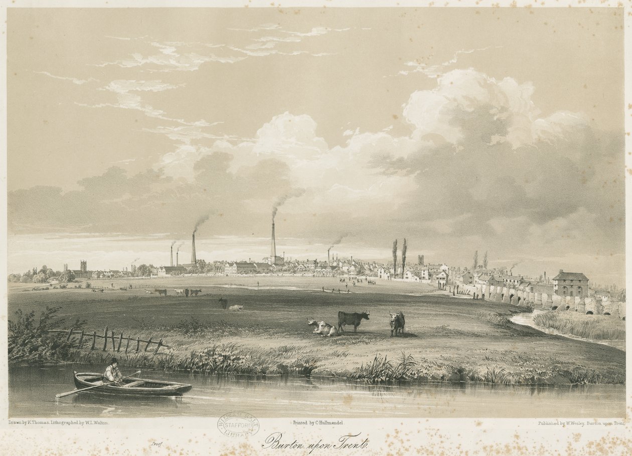 Burton-upon-Trent Bridge and Town: sävytetty litografia, nd [c 1840] tekijältä Charles Joseph Hullmandel