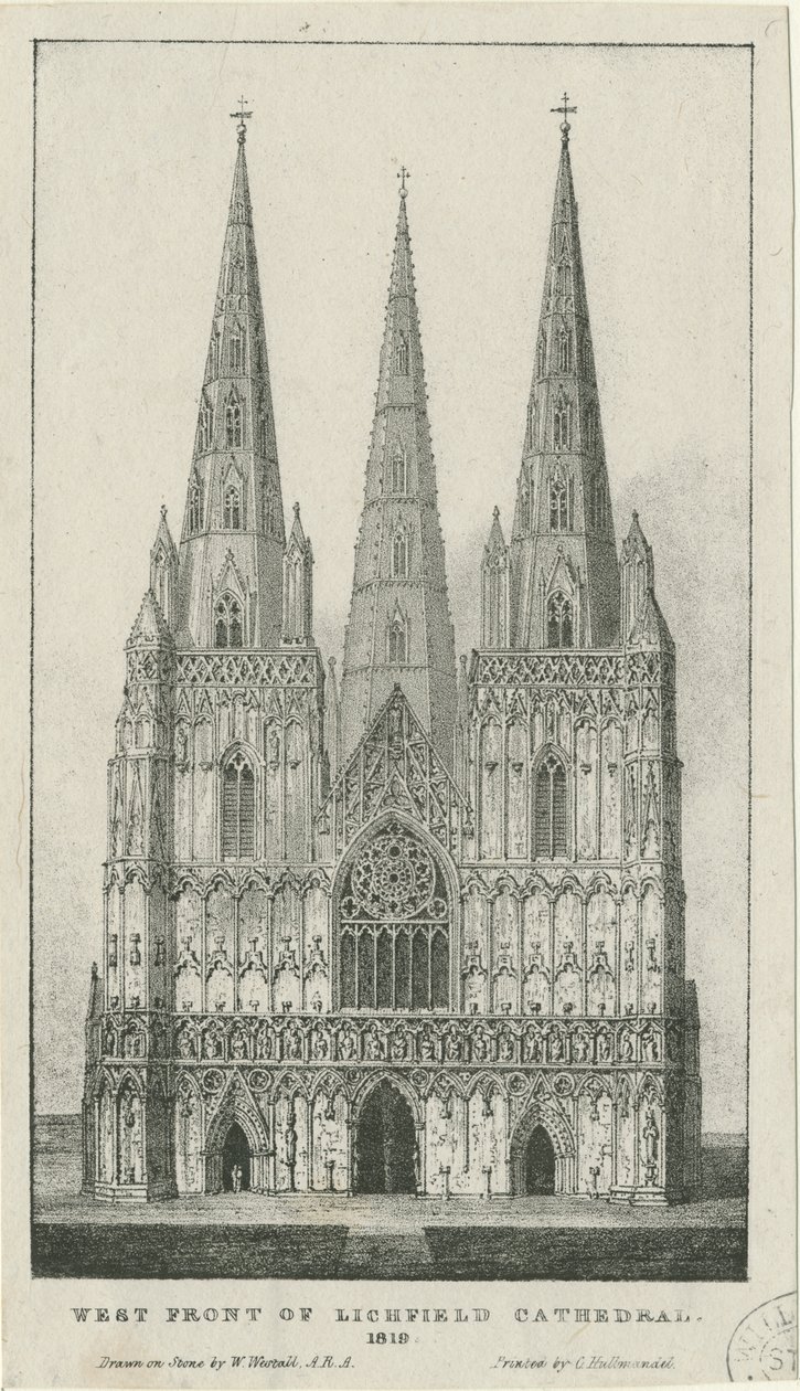 Lichfield Cathedral - West Front: kaiverrus, 1819 tekijältä Charles Joseph Hullmandel