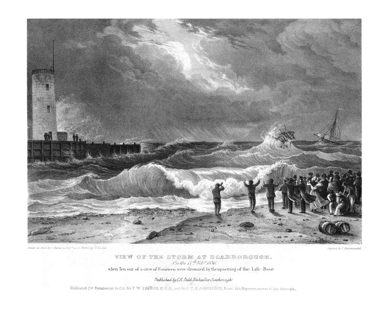 Näkymä myrskystä Scarboroughissa 17. helmikuuta 1836. tekijältä Charles Joseph Hullmandel