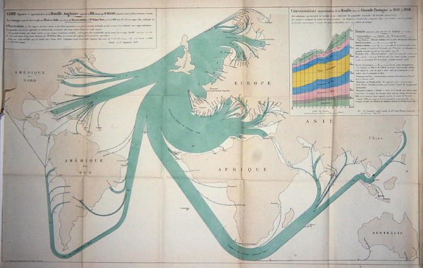 Kartta, joka näyttää hiilen viennin Brittein saarilta vuonna 1864 tekijältä Charles Joseph Minard