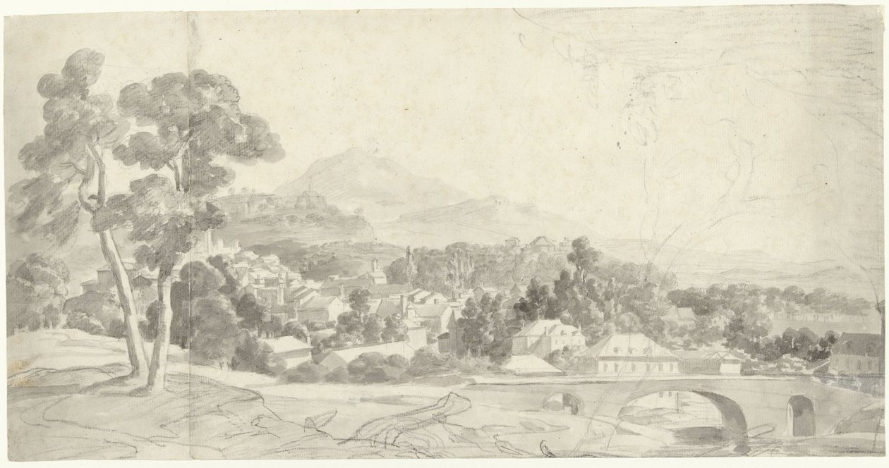 Maisema kaupungin kanssa sillan varrella tekijältä Charles Joseph Natoire (attributed to)