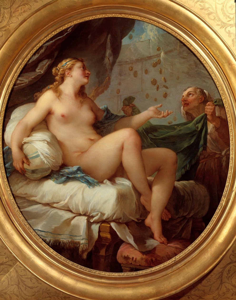 Danae vastaanottaa kultasateen Zeus seduit Danae kultakolikoiden sateen muodossa. Charles Joseph Natoiren maalaus (Charles-Joseph Natoire tekijältä Charles Joseph Natoire