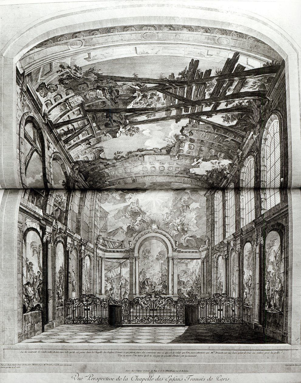 Pariisin Hospice des Enfants Trouvesin kappelin koristelu, kaiverrus Etienne Fessard (1714-77) n. 1750 tekijältä Charles Joseph Natoire