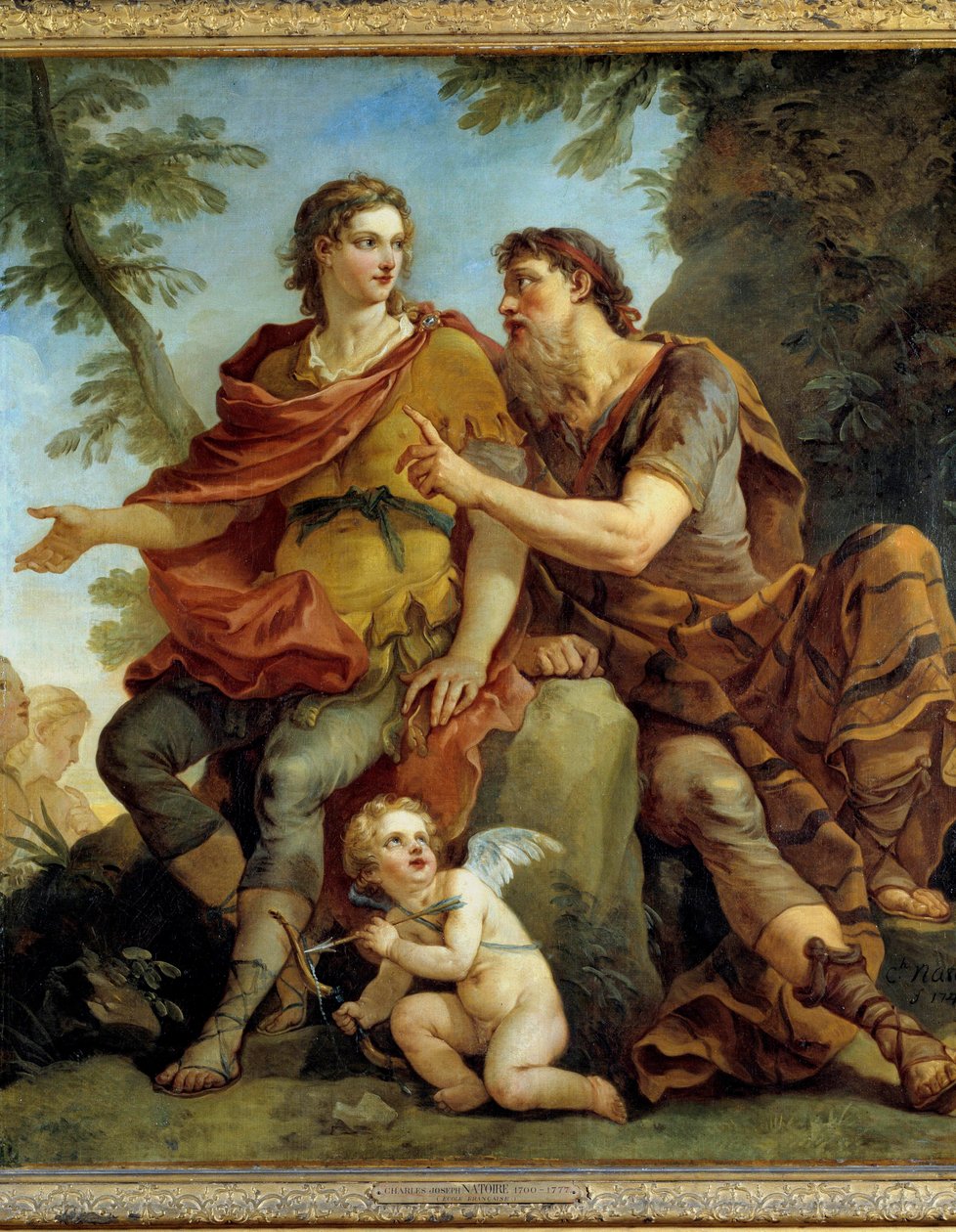 Telemaquen historia "" Telemaque kuuntele Mentorin neuvoja"". Charles Joseph Natoiren maalaus (Charles-Joseph Natoire tekijältä Charles Joseph Natoire