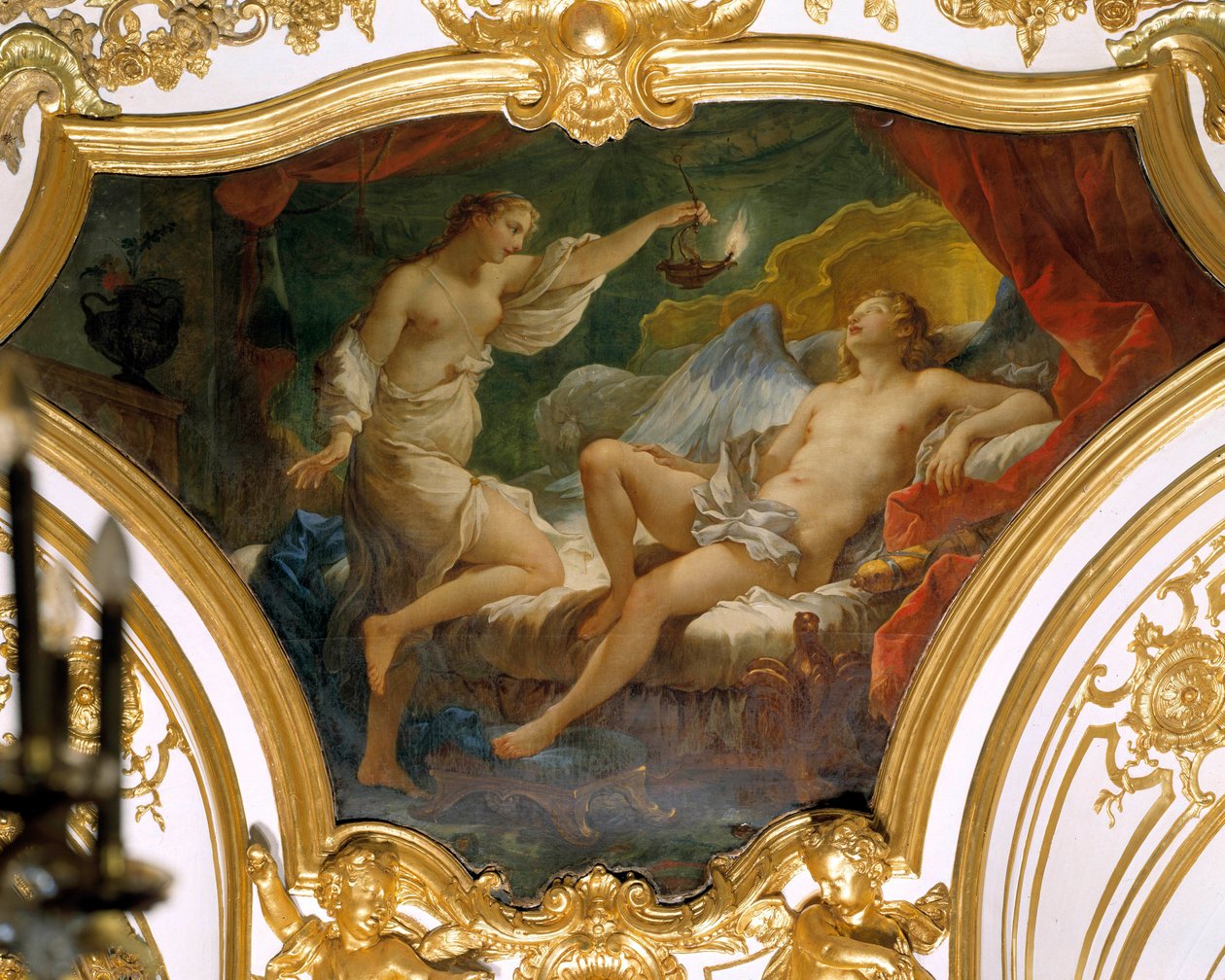 Psyyke nostaa lamppuaan pohtiakseen vaimoaan Eros (tai rakkaus) Charles Joseph Natoiren kattomaalaus (Charles-Joseph Natoire) tekijältä Charles Joseph Natoire