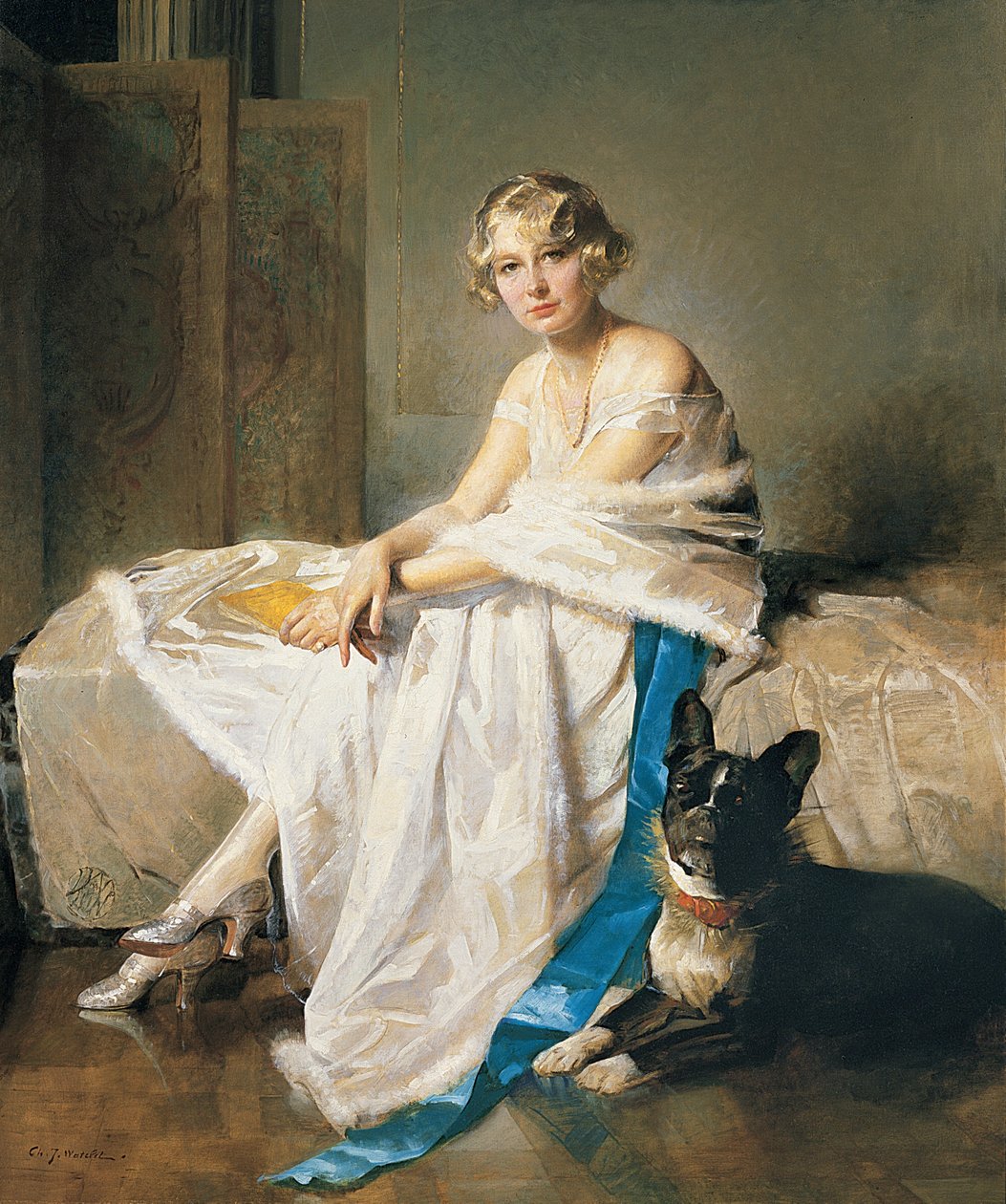 Elegantti nainen ja hänen ranskanbulldogginsa sisätiloissa, noin 1925 (öljy kankaalle) tekijältä Charles Joseph Watelet
