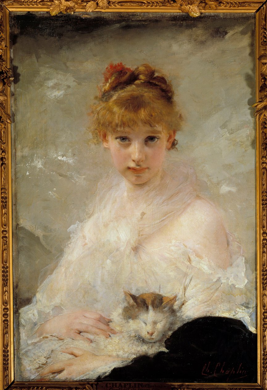 Nuori tyttö kissan kanssa Charles Chaplinin (1825-1891) 1800-luvun Compiegne, linnan kansallismuseo tekijältä Charles Joshua Chaplin