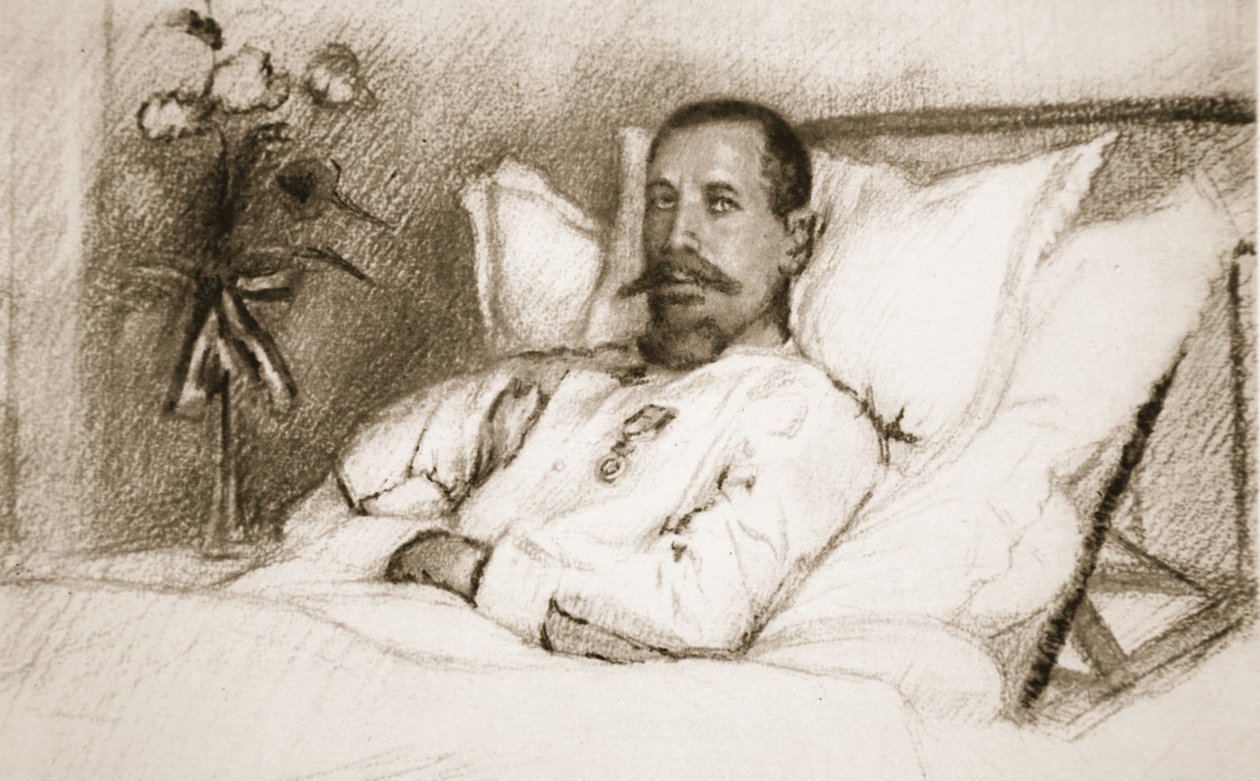 Johtaja, jonka haavoittunut Sir Ian Hamilton on kutsunut onnettomuudeksi: kenraali Gouraud, sairaalassa Pariisissa, The Illustrated War News, 1915 litho tekijältä Charles Jules Duvent