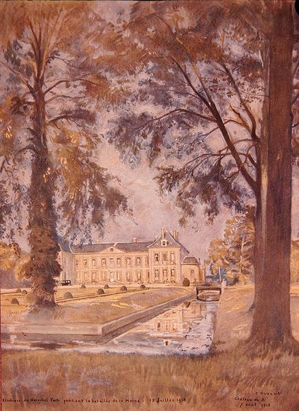 Chateau de Bombon, Melunin lähellä, Ranskassa, 7. elokuuta 1918 (akvarelli paperille) tekijältä Charles Jules Duvent