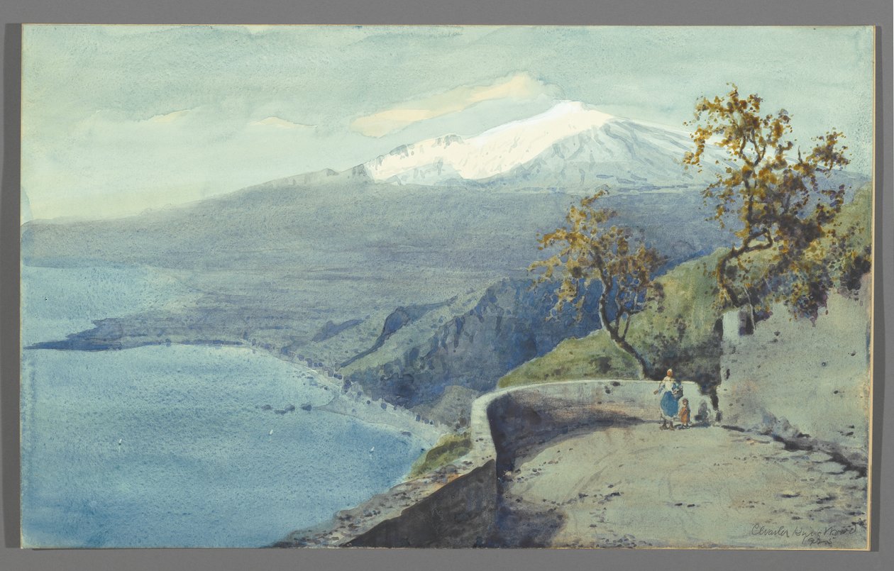 Näkymä Etna-vuorelle Taorminasta, Sisiliasta, 1925 (wc kartongille kiinnitettynä paperille) tekijältä Charles King Wood