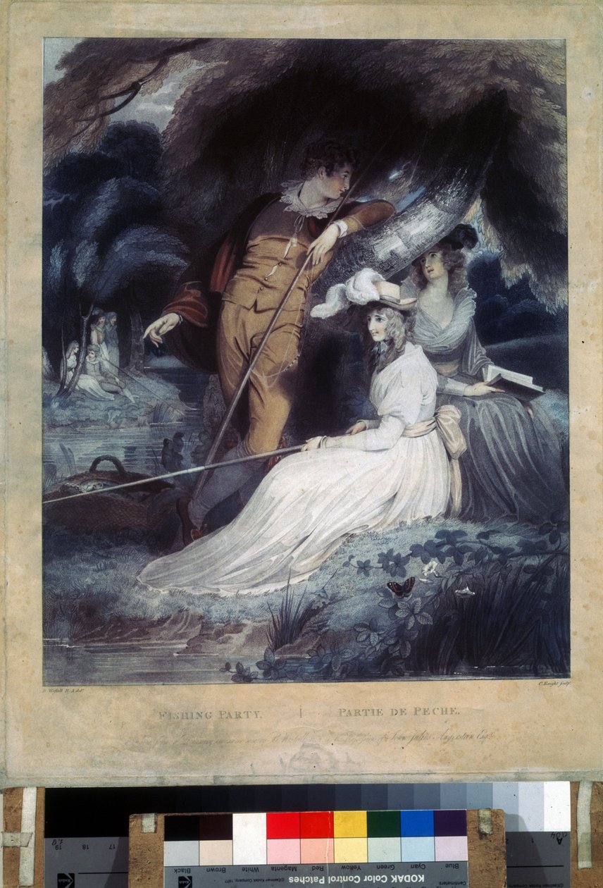 ""La partie de peche"" (kalastusjuhlat) nuori porvari sunnuntaivaatteissa pitelee vavoja. Charles Knightin (1743-1826) litografia Pushkin-museo, Moskova tekijältä Charles Knight