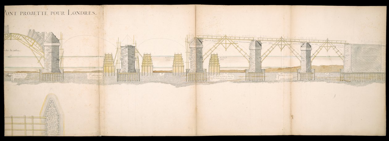 Suunnitelmat Thames-joella Lontoossa sijaitsevasta sillasta, BL Maps C.49.e.76 tekijältä Charles Labelye