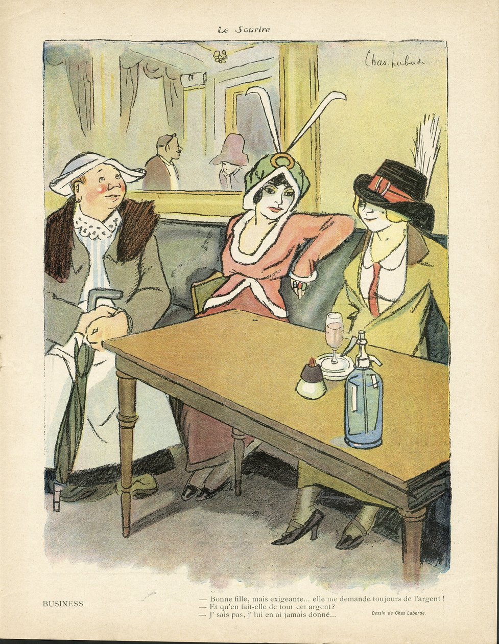 Kuvitus Chas-Labordesta (1886-1941) paikassa Le Smile, nro 9, 27.02.13 - Liiketoiminta - Ravintolakahvilat, Muoti, Hattu - Cupidite, Ahneus - Naiset tekijältä Charles Laborde