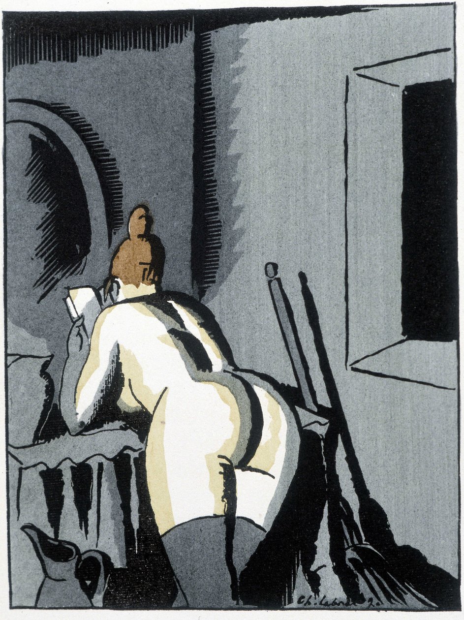 Alaston nainen, selkä, lukee - Pierre Mac Orlanin teoksessa ”Le negre Leonard”, sairas. de Chas. Laborde (Charles Laborde) (1886-1941), toim. bannerista tekijältä Charles Laborde