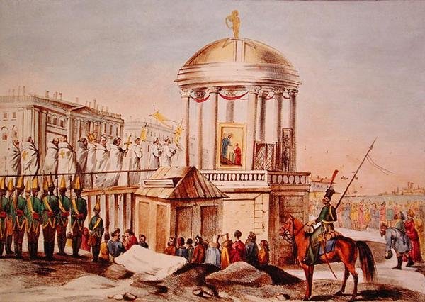 Vesien siunaus Pietarissa, n. 1820 (värilitho) tekijältä Charles Lasteyrie du Saillant