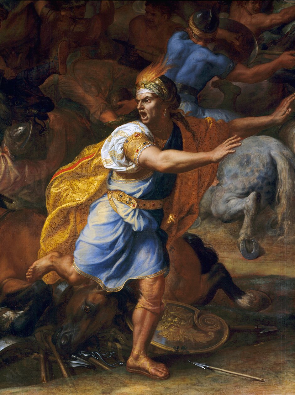 Pelästynyt mies. Yksityiskohta Arbelsin taistelusta (antiikki). Charles Lebrunin (Le Brun) maalaus (1619-1690) tekijältä Charles Le Brun