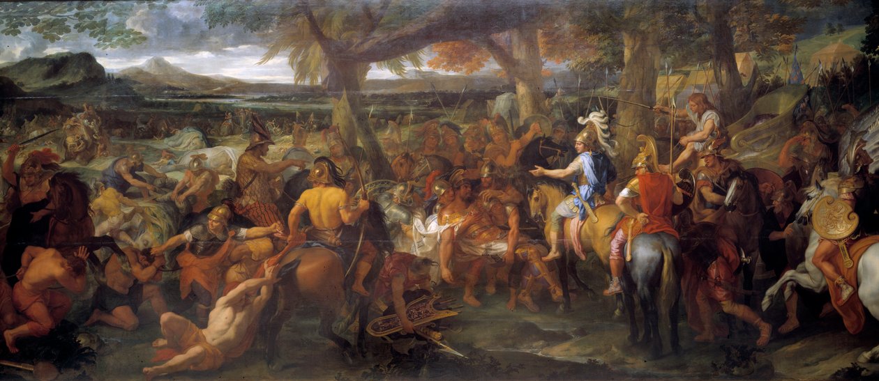 Aleksanteri ja Porus. Vuonna 327 eKr. Aleksanteri Suuri jatkoi valloitustaan kohti Indus-laaksoa. Vuonna 326 eaa. hän voitti Purun (tai Poros, Paurava-heimon kuningas 4. vuosisadalla eKr.) ja hänen sotanorsujen armeijansa Hydaspen taistelussa. Maalauksen t tekijältä Charles Le Brun