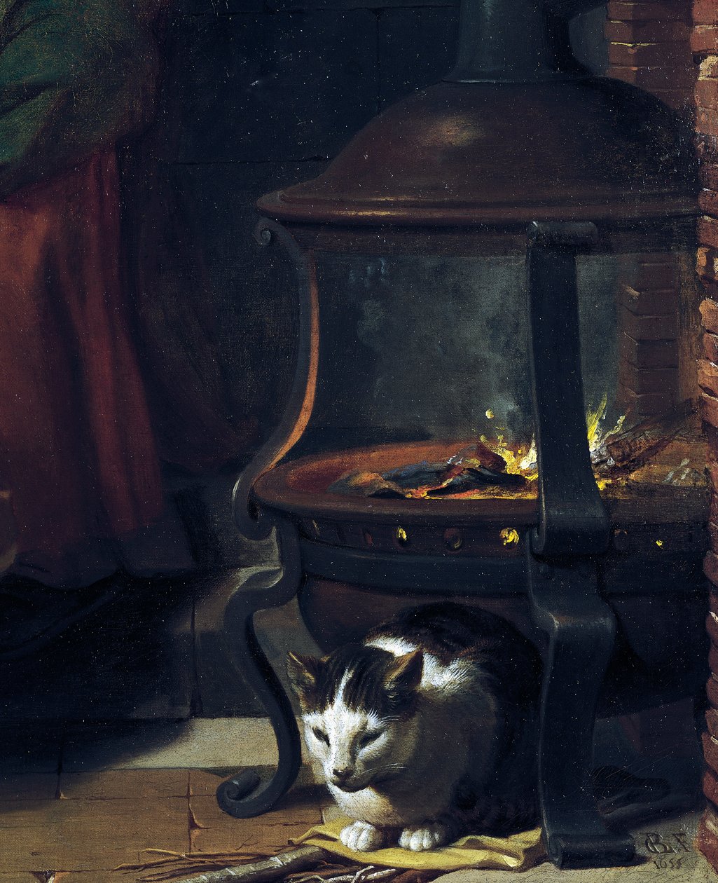 Kissa palavan partakoneen alla, yksityiskohta teoksesta Infant Jesus Sleeping, maalaus Charles Le Brun (1619-1690), öljy kankaalle, 87x118 cm, Ranska tekijältä Charles Le Brun