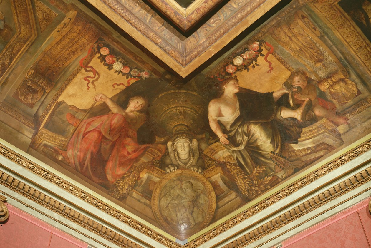 Katto Hôtel La Rivièren Eraton ja Terpsichoren yksityiskohdassa, 1653 öljy kankaalle tekijältä Charles Le Brun