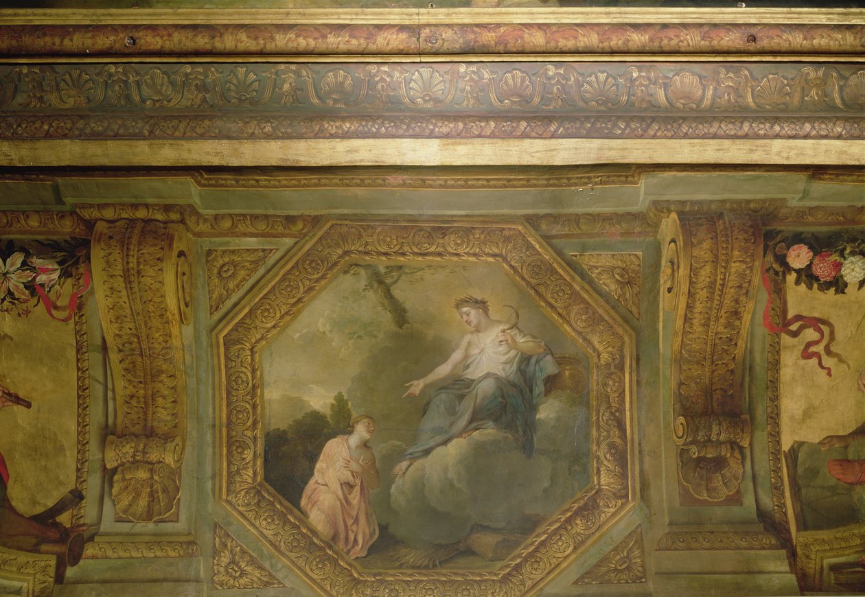 Katto Hôtel La Rivièren yksityiskohdassa Psyche kerjäämässä Ceres, 1653 öljy kankaalle tekijältä Charles Le Brun