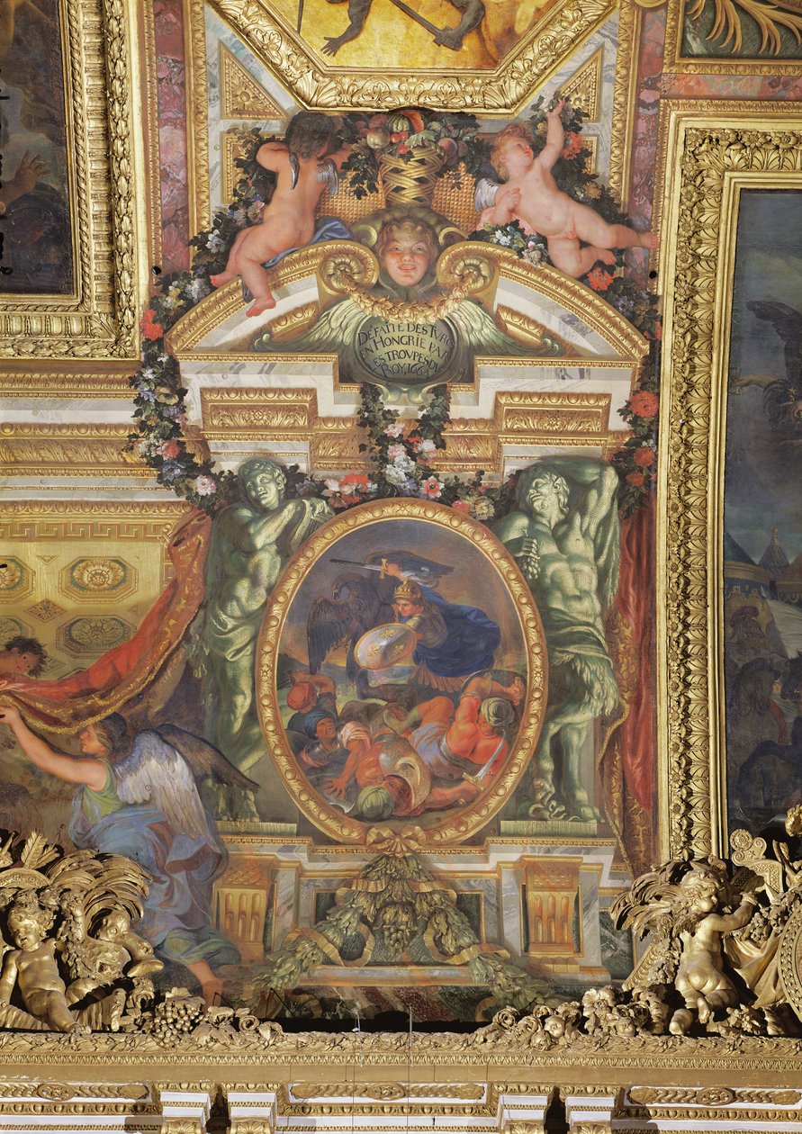 Kuninkaan joukkojen turkkilaisten tappio Unkarissa vuonna 1664, Galerie des Glacesin kattomaalaus tekijältä Charles Le Brun