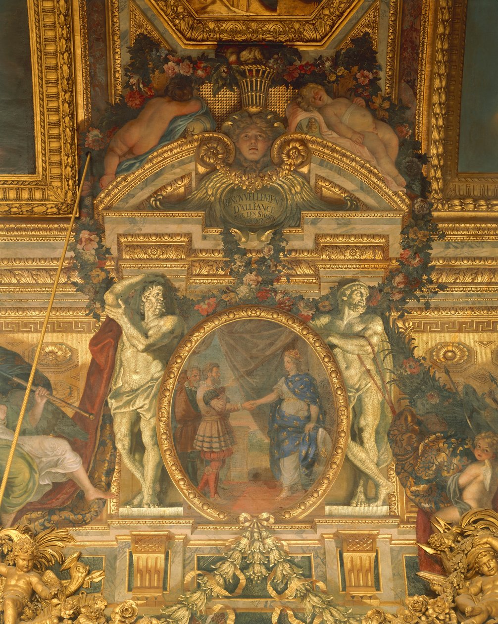 Yksityiskohta Charles Le Brunin (1619-1690) koristeista, Versaillesin palatsin peilisali (Unescon maailmanperintöluettelo). tekijältä Charles Le Brun
