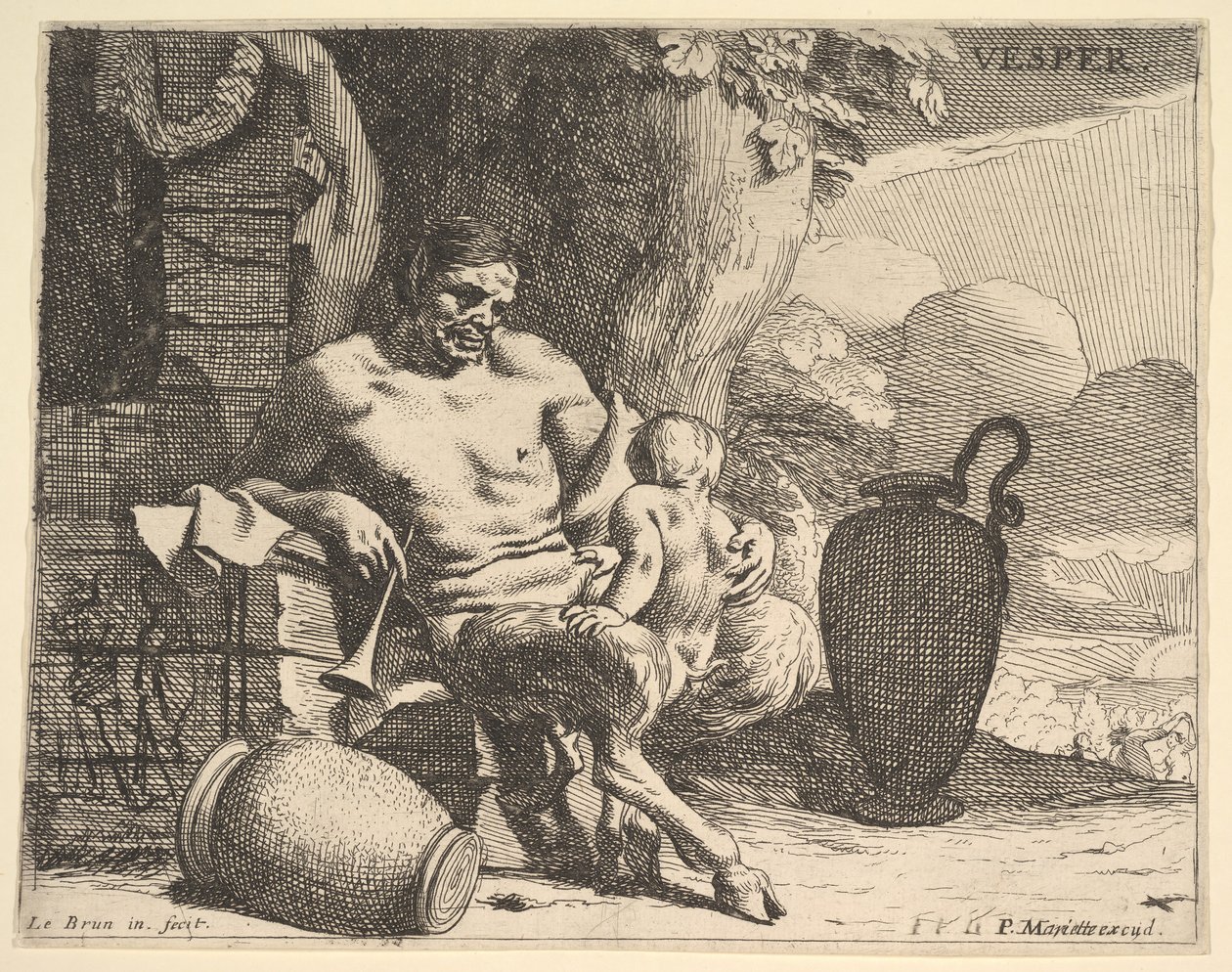 Ilta: istuva satyyri puristaa lastaan, hahmo ripustaa seppeleen laiturille, f..., n. 1640. tekijältä Charles Le Brun
