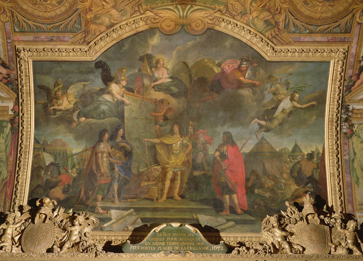 Kuningas Ludvig XIV (1638-1715) antaa käskyn hyökätä samanaikaisesti neljää Alankomaiden vahvinta asemaa vastaan vuonna 1672, Galerie des Glacesin kattomaalaus tekijältä Charles Le Brun