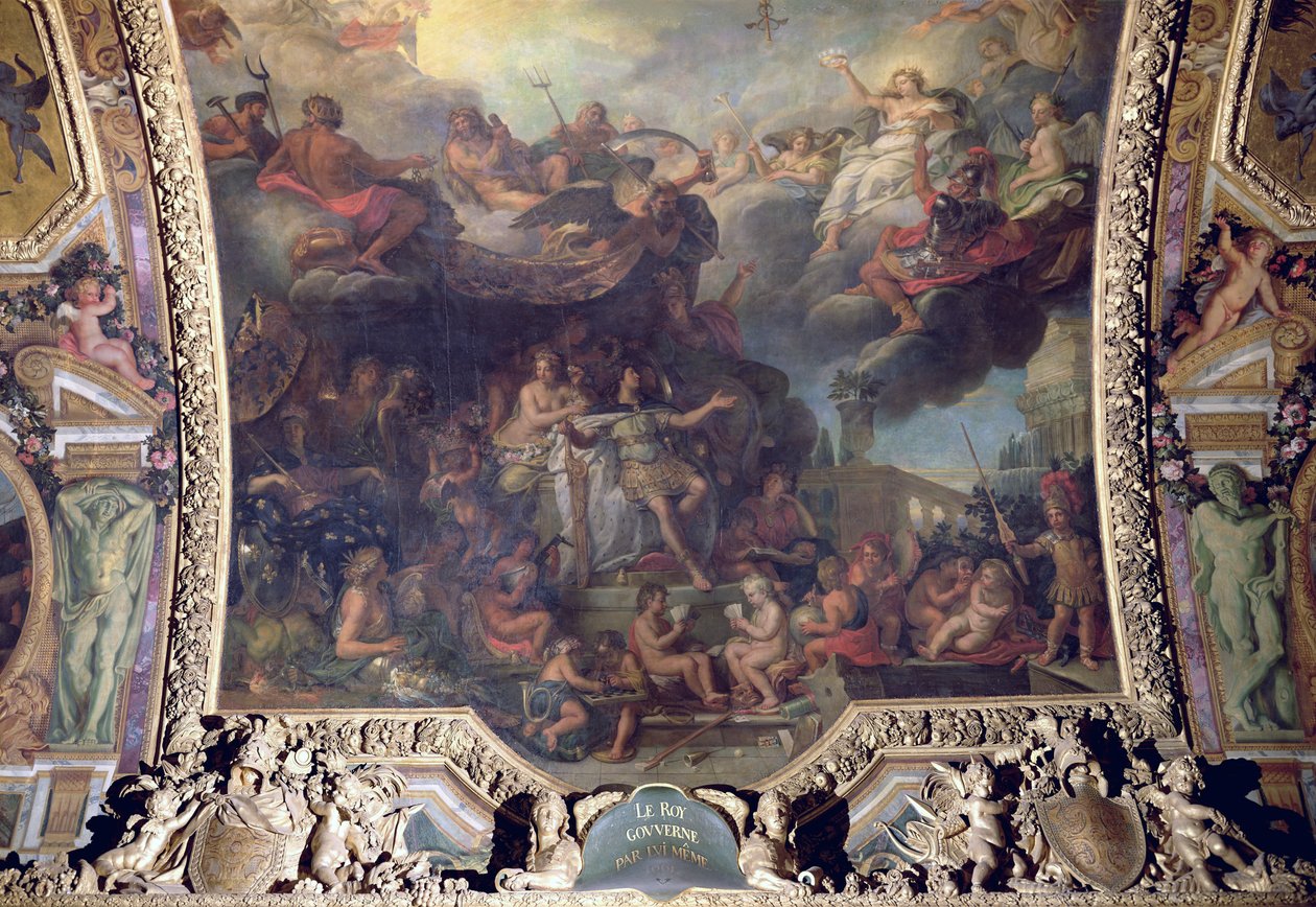 Kuningas Ludvig XIV (1638-1715) hallitsi yksin vuonna 1661, kattomaalaus Galerie des Glacesista tekijältä Charles Le Brun