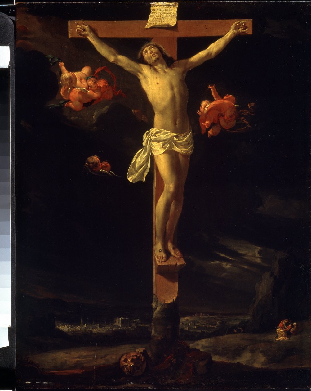 Ristiinnaulitseminen. Ristiin voi lukea latinalaisen tekstin "His est iesus rex iudeorum" (Tämä on Jeesus, juutalaisten kuningas). Charles Le Brunin (1619-1690) maalaus tekijältä Charles Le Brun