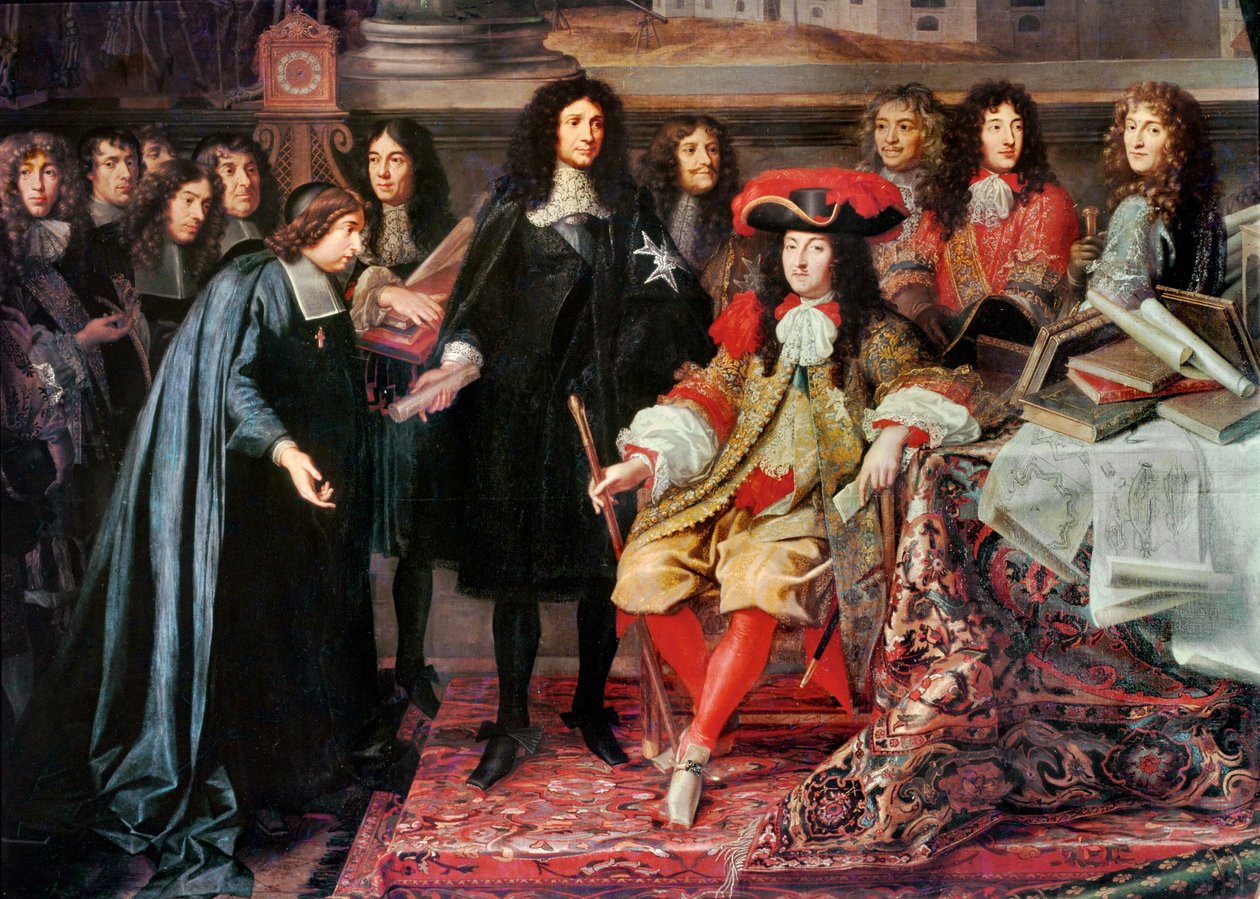 Ludvig XIV perustaa tiedeakatemian ... tekijältä Charles Le Brun