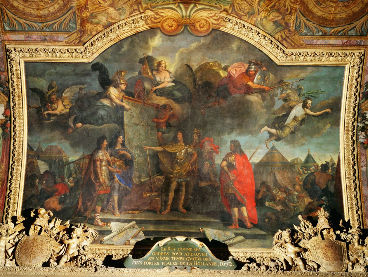 Ludvig XIV antaa käskyn hyökätä neljään linnoitukseen Hollannissa ... tekijältä Charles Le Brun