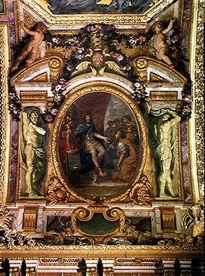 Taiteen suojelus vuonna 1663, kattomaalaus Galerie des Glacesista tekijältä Charles Le Brun