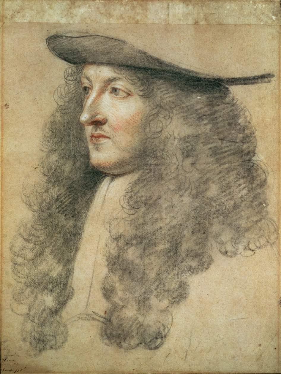 Kuningas Ludvig XIV:n muotokuva, noin 1663 (musta, punainen ja valkoinen liitu paperille). tekijältä Charles Le Brun