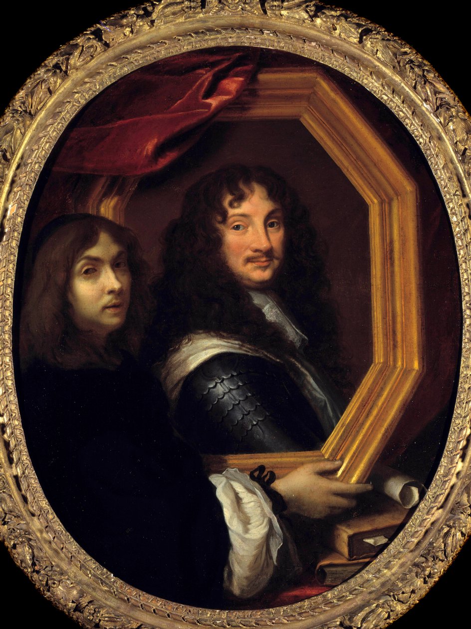 Taiteilijan muotokuva (tai omakuva), joka esittelee sotilaallista maalausta Charles Lebrunin (Le Brun) (1619-1690) 1600-luvun su. 1,04x0,85 m - Taiteilijan muotokuva (tai omakuva), jolla on armeijan muotokuva. Charles Lebrun maalaus tekijältä Charles Le Brun