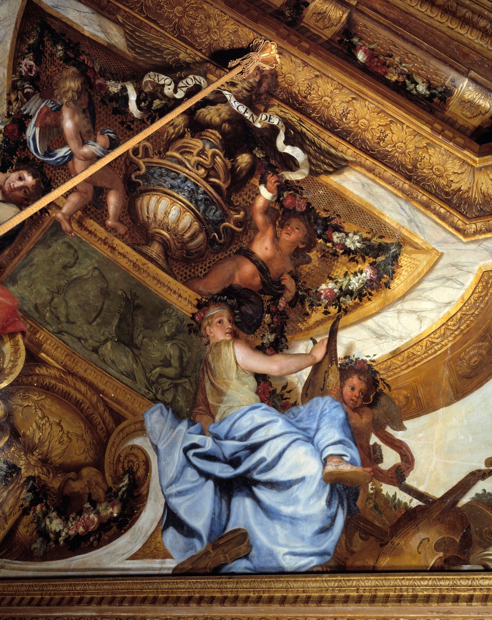 Salon des muses, yksityiskohta: musiikki. Charles Lebrunin (Le Brun) maalaus trompe l