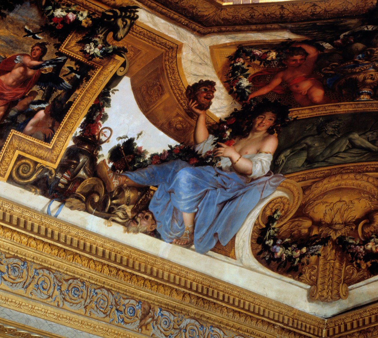 Thalie, yksi muusoista, komedian ja pastoraalisen runouden suojelija Yksityiskohta Charles Lebrunin (Le Brun) (1619-1690) Salon des Muses -maalauksista 1600-luvulla Chateau de Vaux Le Visomte (Vaux-Le-Vicomte), Seine et Marne. tekijältä Charles Le Brun