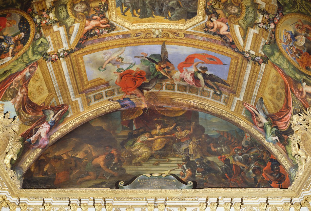 Saksan ja Espanjan liitto Hollannin kanssa, 1672, Kattomaalaus Galerie des Glacesista tekijältä Charles Le Brun