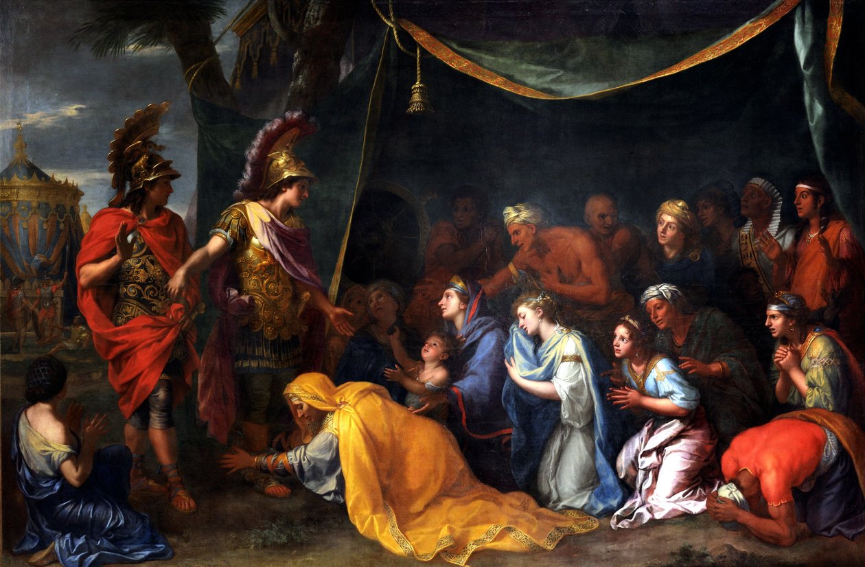 Persian kuningattaret Aleksanterin jalkojen juuressa, nimeltään Dareioksen teltta, n. 1660 (öljy kankaalle) tekijältä Charles Le Brun