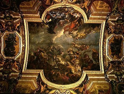 Näkymä Kuninkaasta, joka valloitti Maastrichtin kolmetoista päivässä vuonna 1673 ja Reinin väylä vihollisten läsnäollessa vuonna 1672, kattomaalaus Galerie des Glacesista tekijältä Charles Le Brun